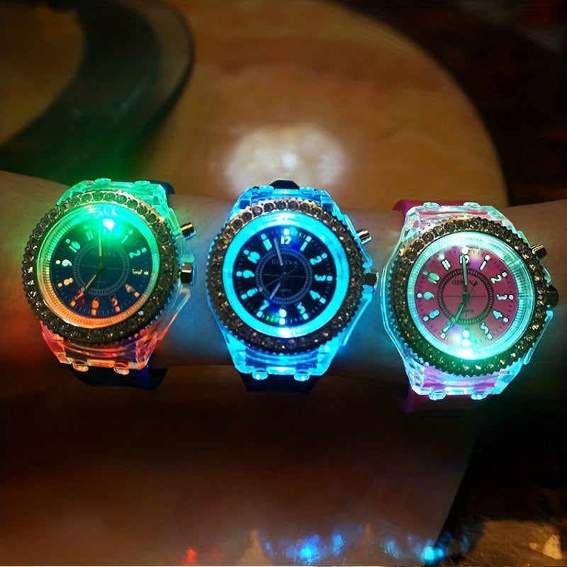 Glow-in-the-Dark Silicone Watch for Men Women Kids LED Time Display Casual Fashion Rhinestone Accents