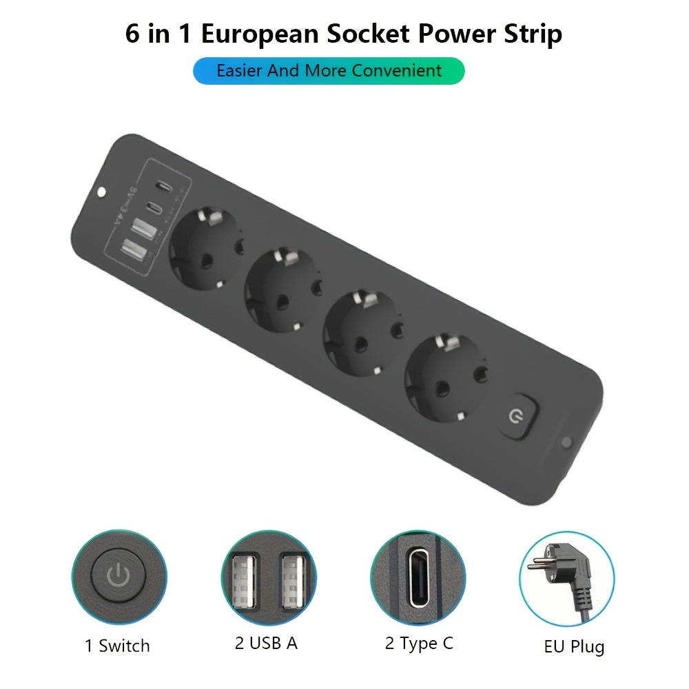 European Power Strip 8-in-1 with 4 USB Ports and 4 AC Sockets 179.83 cm Cord