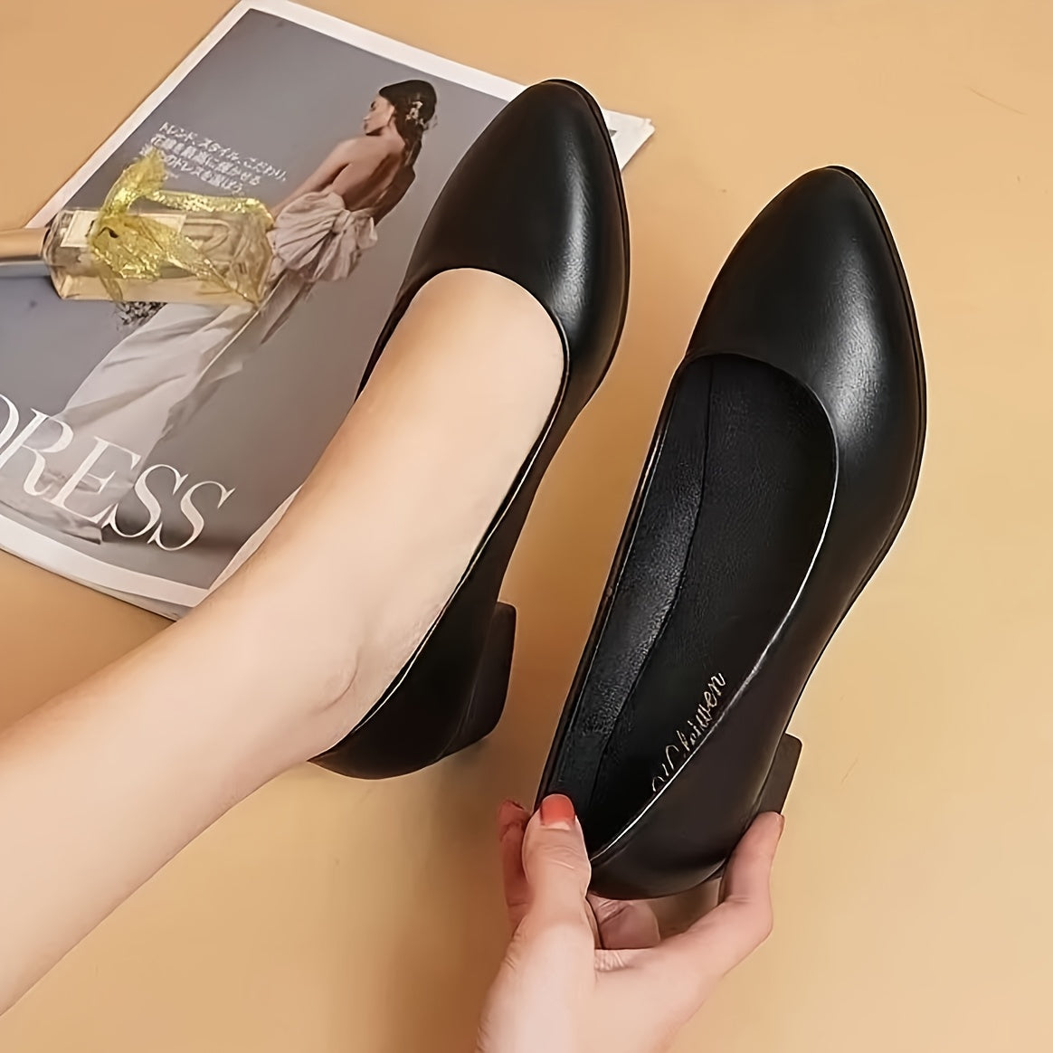 Women's Low Block Heel Shoes PU Cover Rubber Sole Wingtip Toe Black All-Season Office Footwear