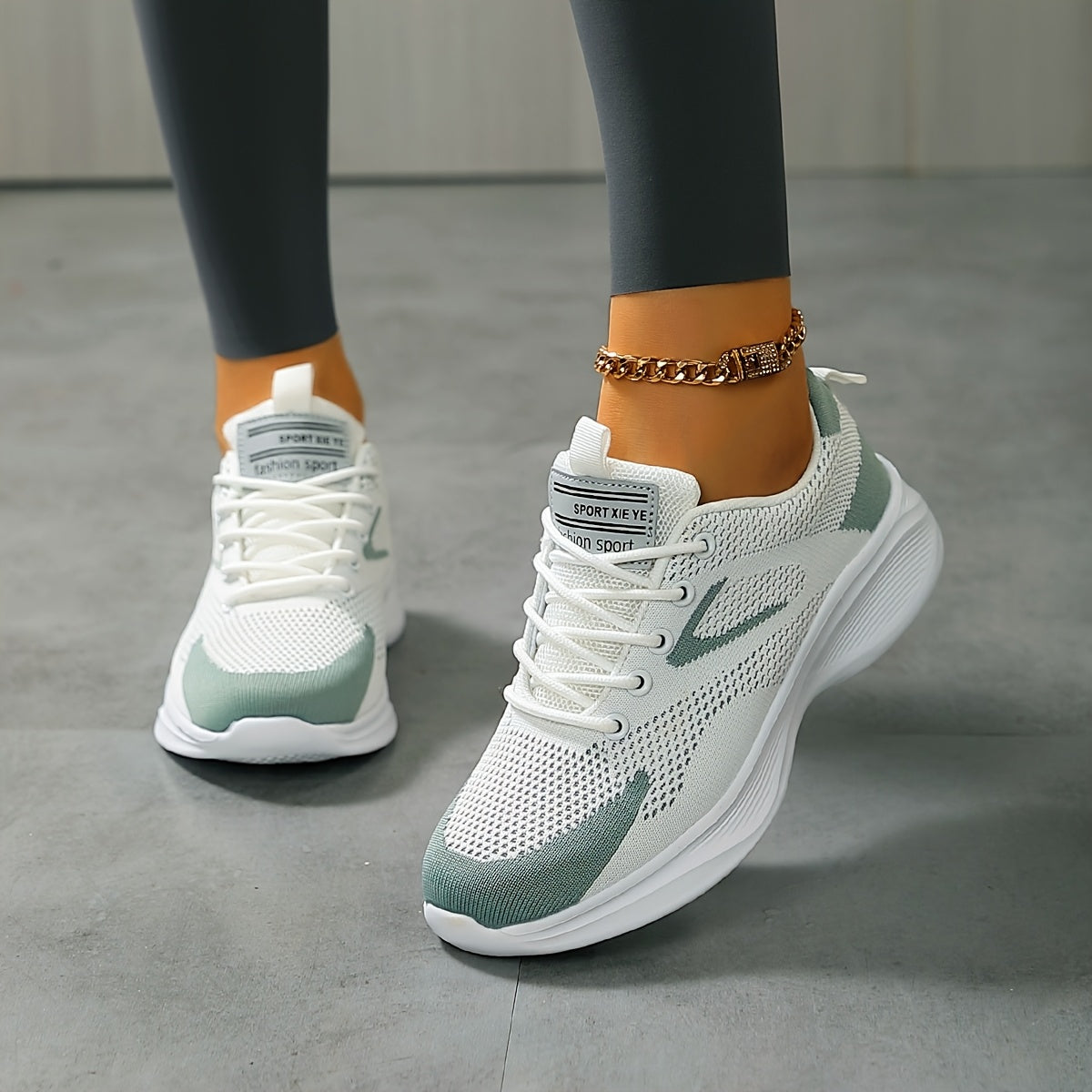 Women's Lightweight Air Cushion Sneakers Breathable Knit White Mint Green Casual Shoes