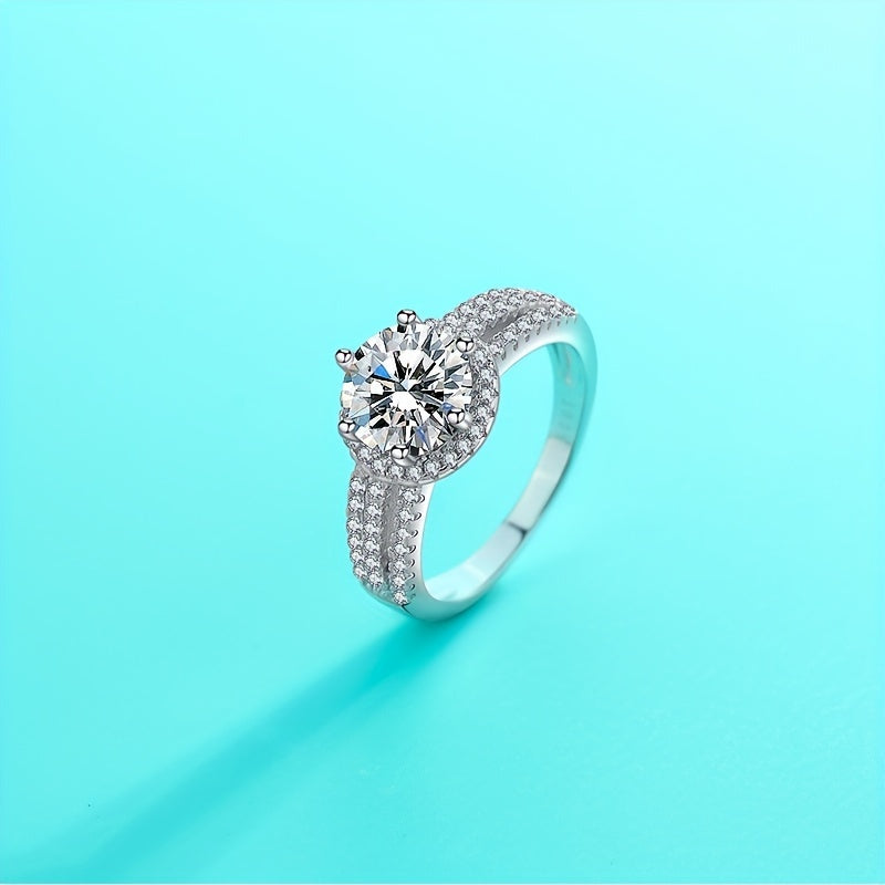 Sterling Silver Wide Band Ring with 2/3ct Moissanite and Pave Zirconia for Engagement or Wedding