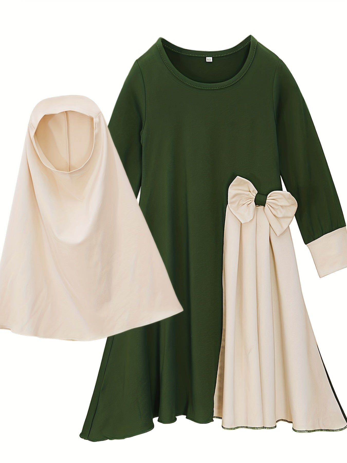 Girls Eid Al-Adha Dress Set with Headscarf Bowknot Design Polyester Solid Color