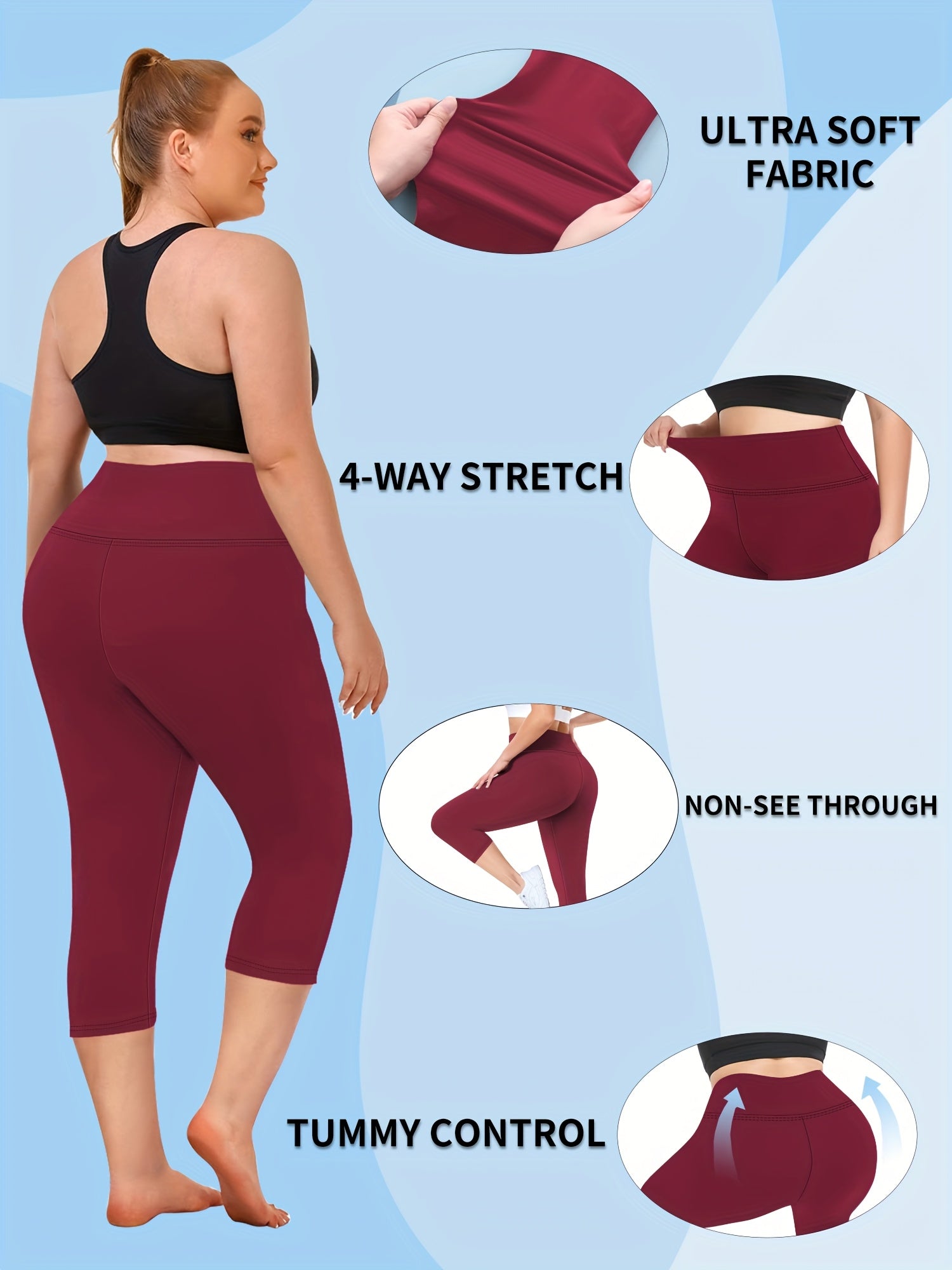 Women's Cropped Pants Black High Waist Tummy Control Skinny Leggings 4 Pack