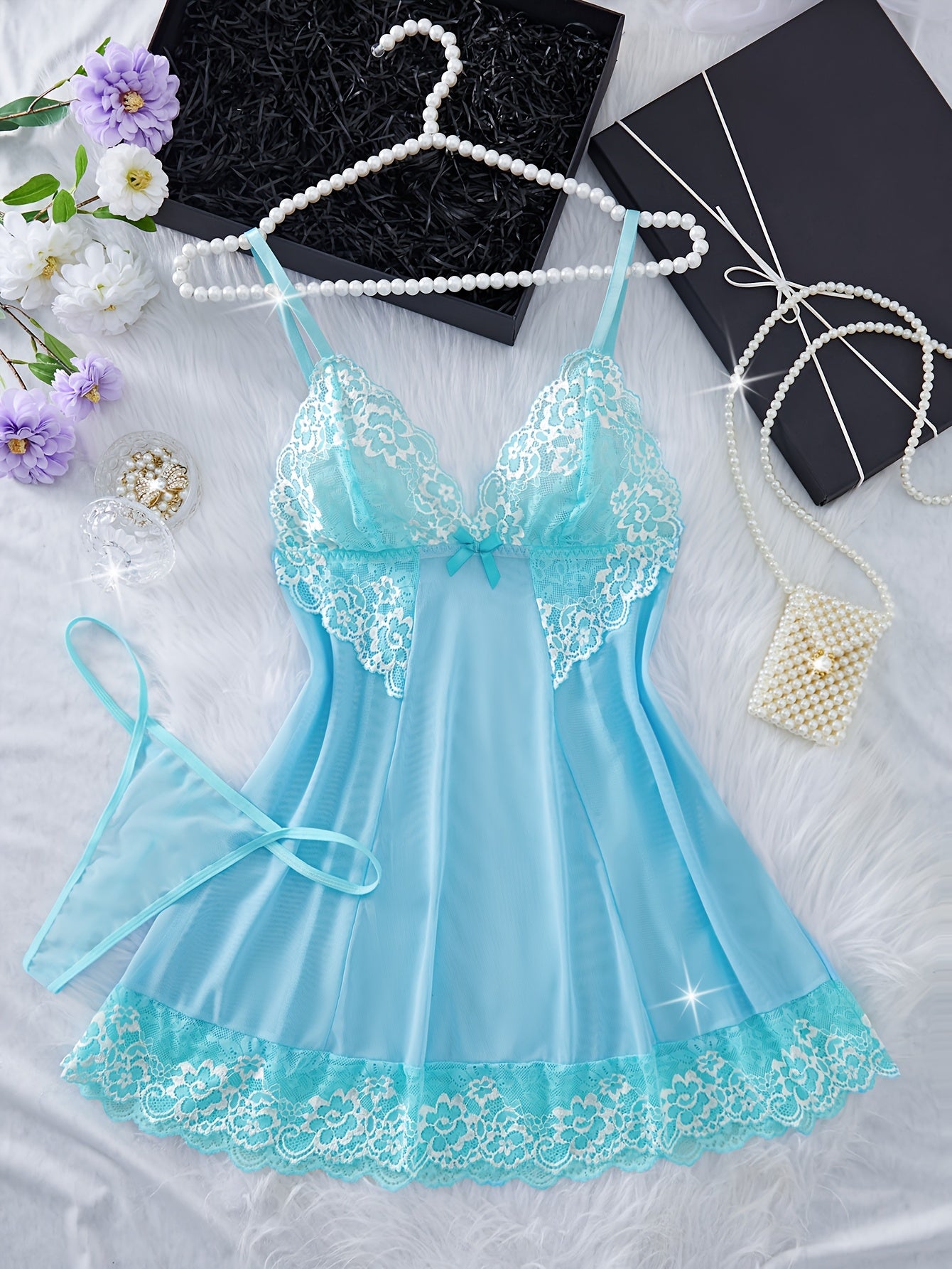 Women's Floral Lace Lingerie Set with V-Neck Nightgown Thong and Bow-Knot