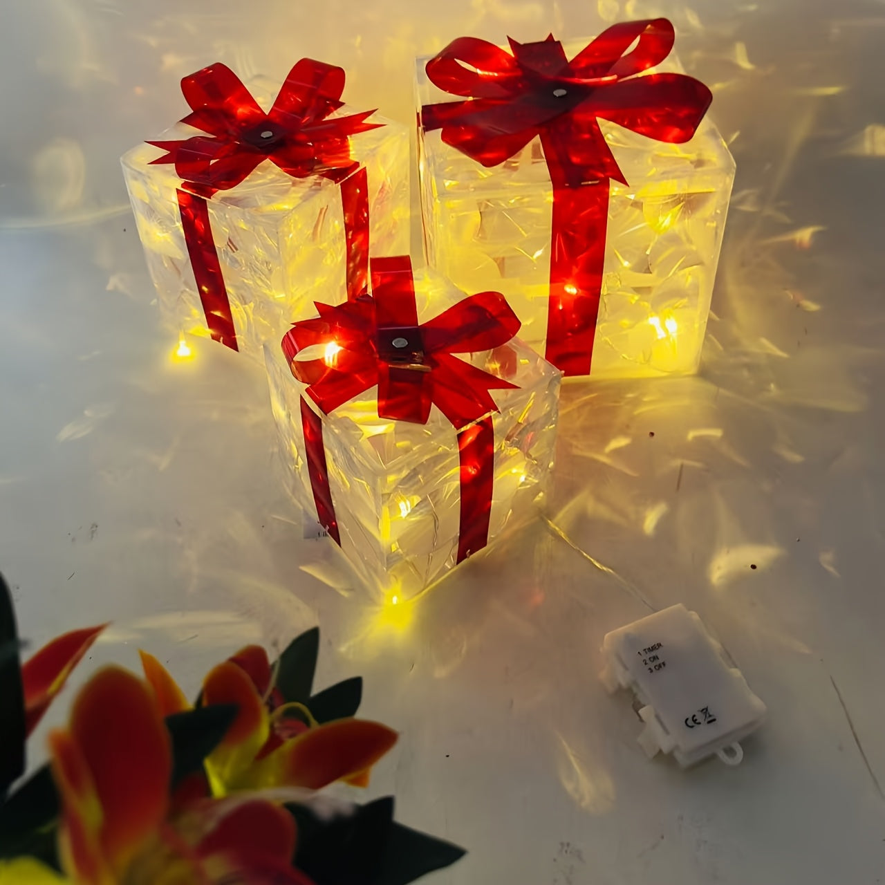 Paquete de 3 cajas de regalo con luces LED y lazos rojos, decoraciones navideñas con funcionamiento a batería