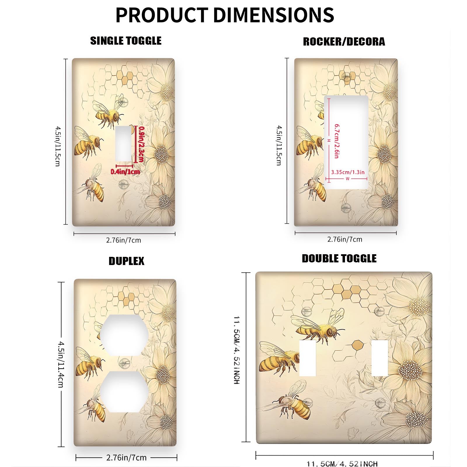 Bir quyosh gul va asalari bezakli devor plitkasi bitta o'zgaruvchi yoritish kalitlari va chiqish qopqog'i uchun, uy, ofis va mehmonxona dekoriga ilhom beruvchi dizayn. Elektr chiqishlari va oshxona uchun 1 yoki 2 guruh konfiguratsiyalarida mavjud.