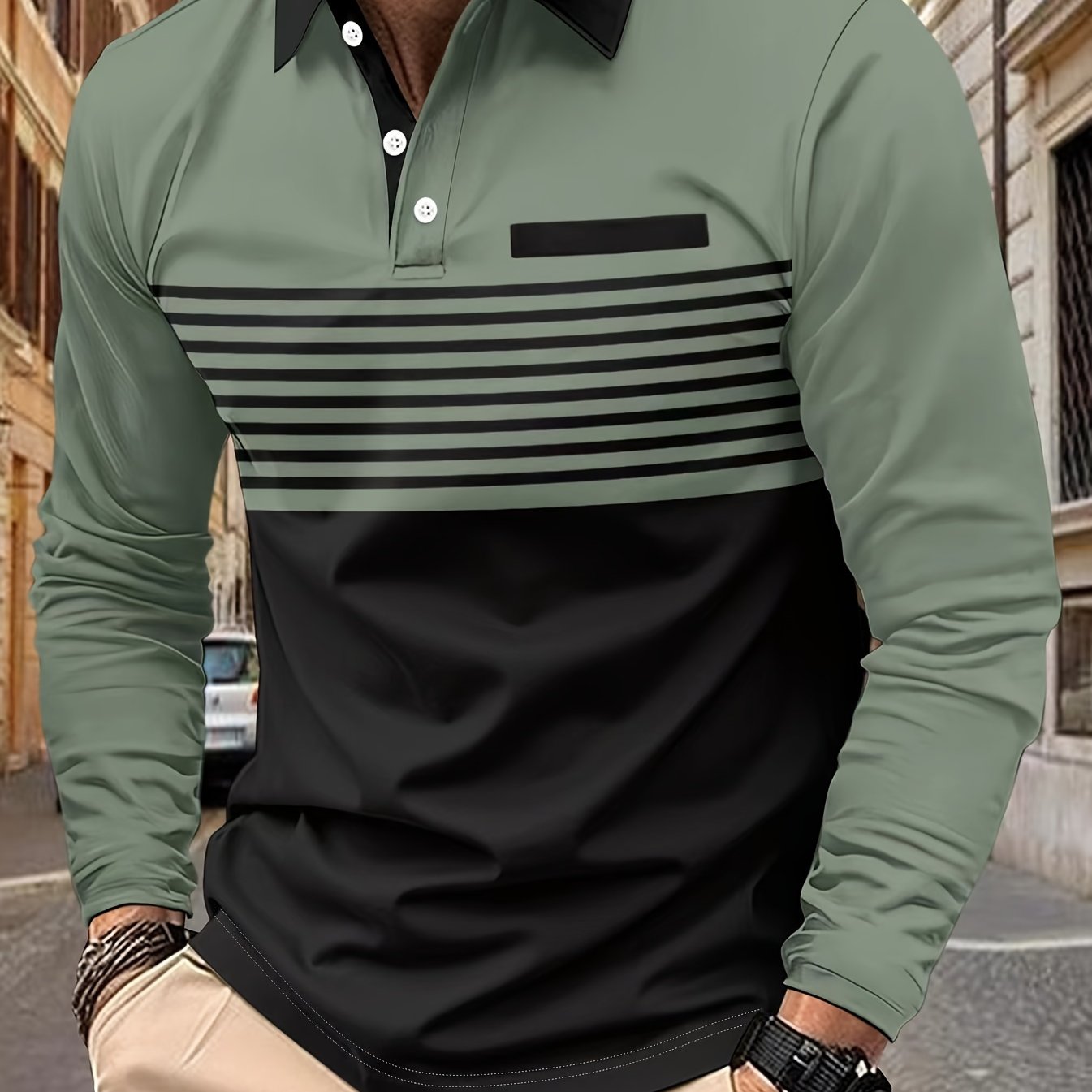 Men's Long Sleeve Color Block Golf Shirt with Striped Pattern and Slight Stretch