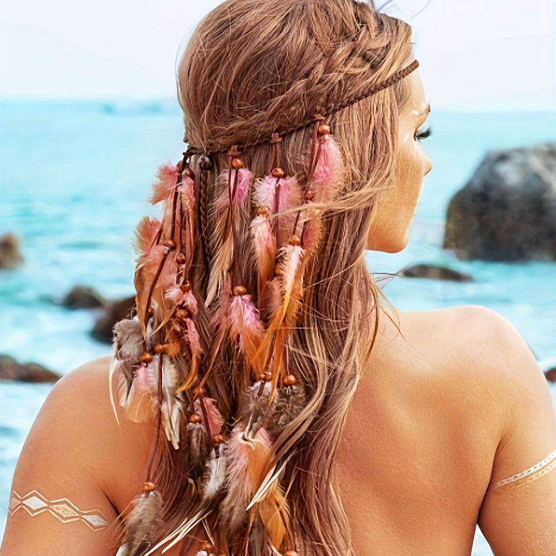 Handmade Bohemian Feather Headband for Women Lightweight Fabric Adjustable Tie for Festivals and Photos