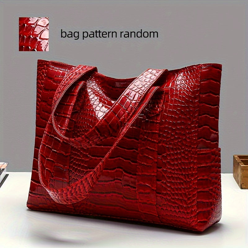 Blue Crocodile-Embossed PU Tote Bag with Zipper Closure for Women