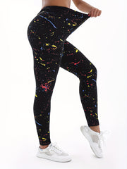 Plus Size High-Waisted Yoga Pants Black Graffiti Tie-Dye 4-Way Stretch Workout Leggings