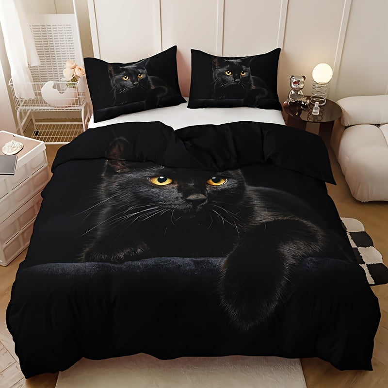 Black Cat Quilt Cover Set 3 Piece Digital Print Polyester Breathable Bedding