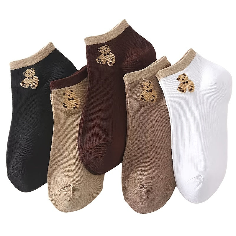 Women’s Low-Cut Ankle Socks 5-Pack with Teddy Bear Design Assorted Colors