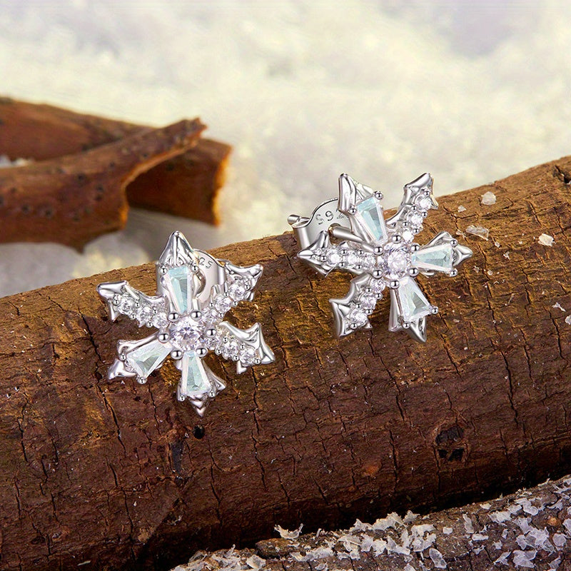 Sterling Silver Snowflake Stud Earrings with Synthetic Zirconia for Women