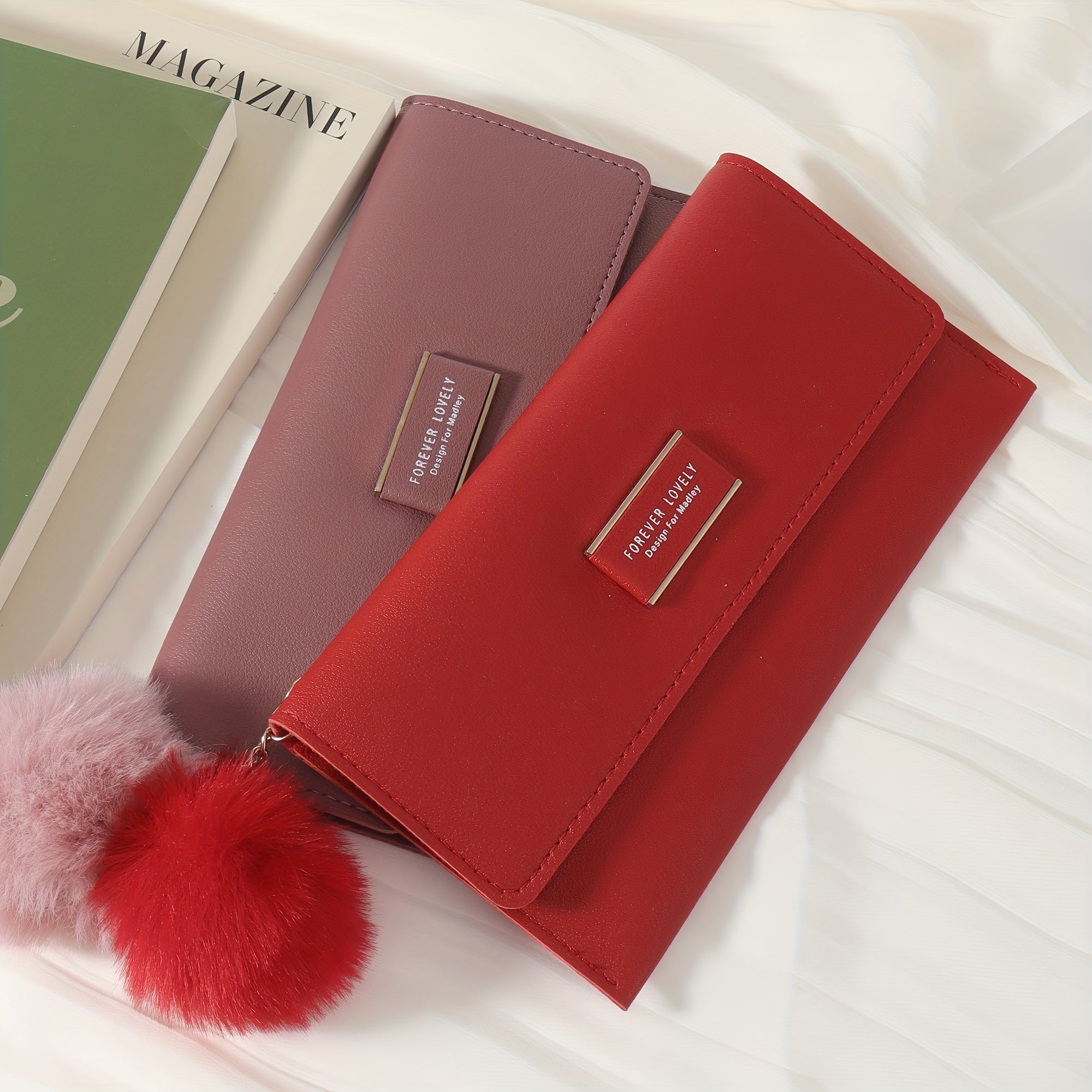Women's Foldable PU Wallet with Fur Ball Decoration and Card Slots