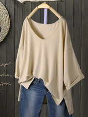 Women's V-Neck Knit T-Shirt Solid Color Polyester Slight Stretch All Seasons