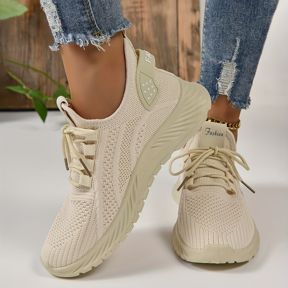 Women's White Knit Fabric Sneakers with EVA Sole and Breathable Lace-Up Design