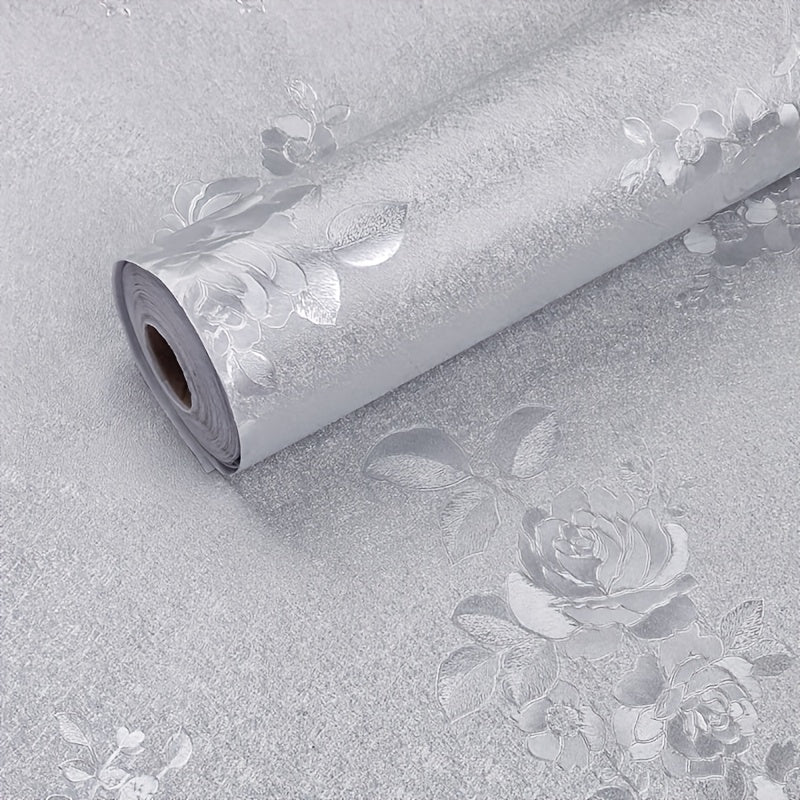 Silver Gray Floral Vinyl Wallpaper Roll Self-Adhesive Removable for Home Decor