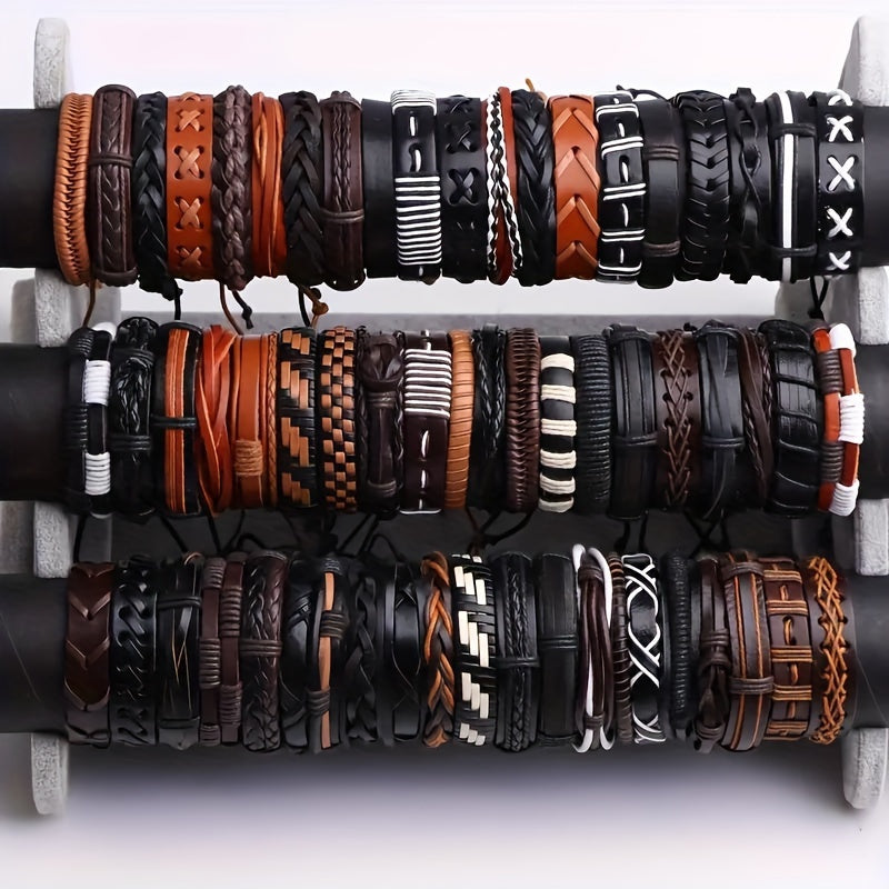 Set of 10 20 or 30 Faux Leather Bracelets for Men Women Adjustable Black Brown Gift