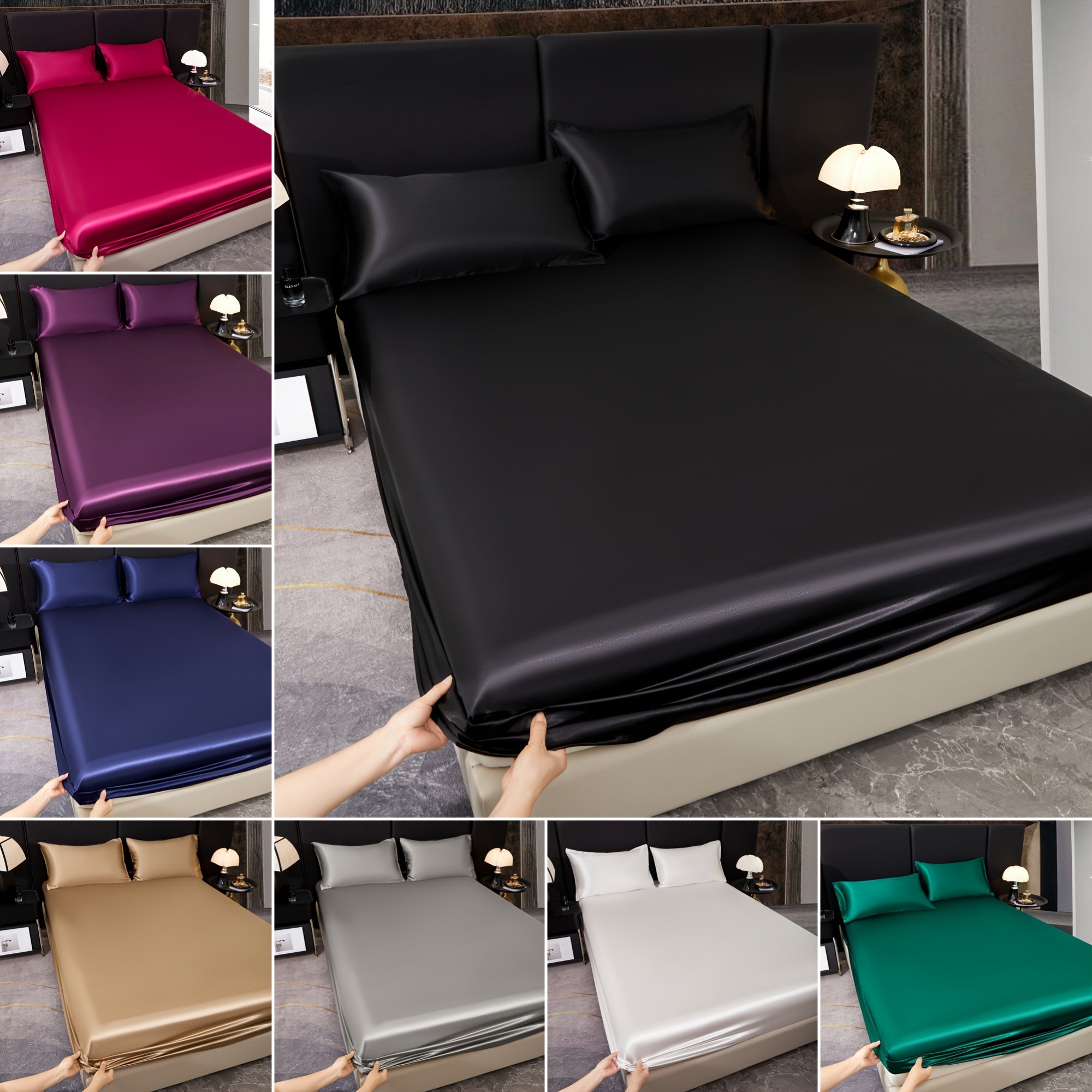 Solid Color Satin Bedding Set with Fitted Sheet and Pillowcases