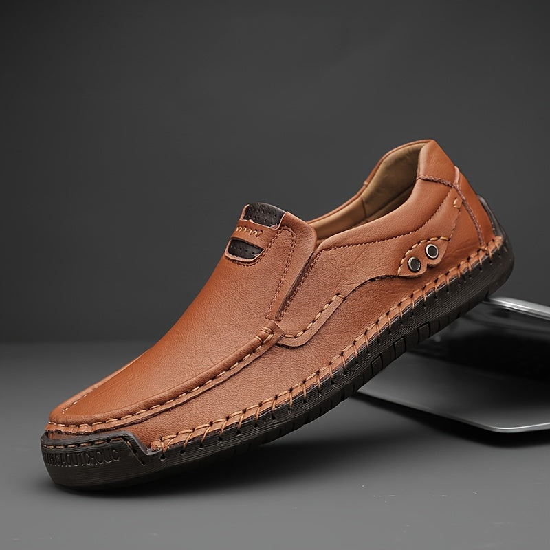 Men's Brown Slip-On Loafers with Stitched Detailing, Rubber Sole, Casual Dress Shoes