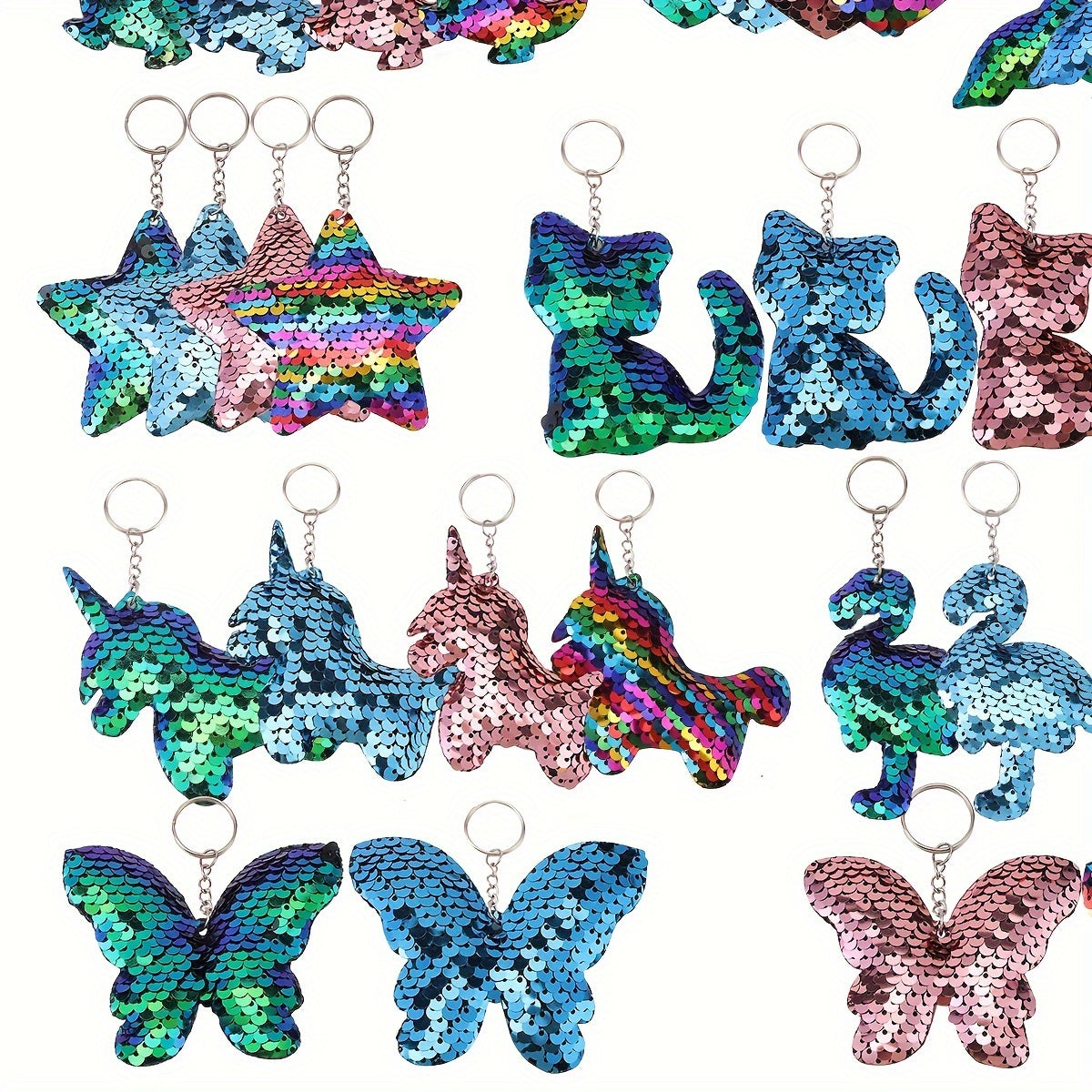 Set de 32 llaveros de lentejuelas brillantes con formas de flamenco, sirena, mariposa, unicornio para recuerdos y regalos