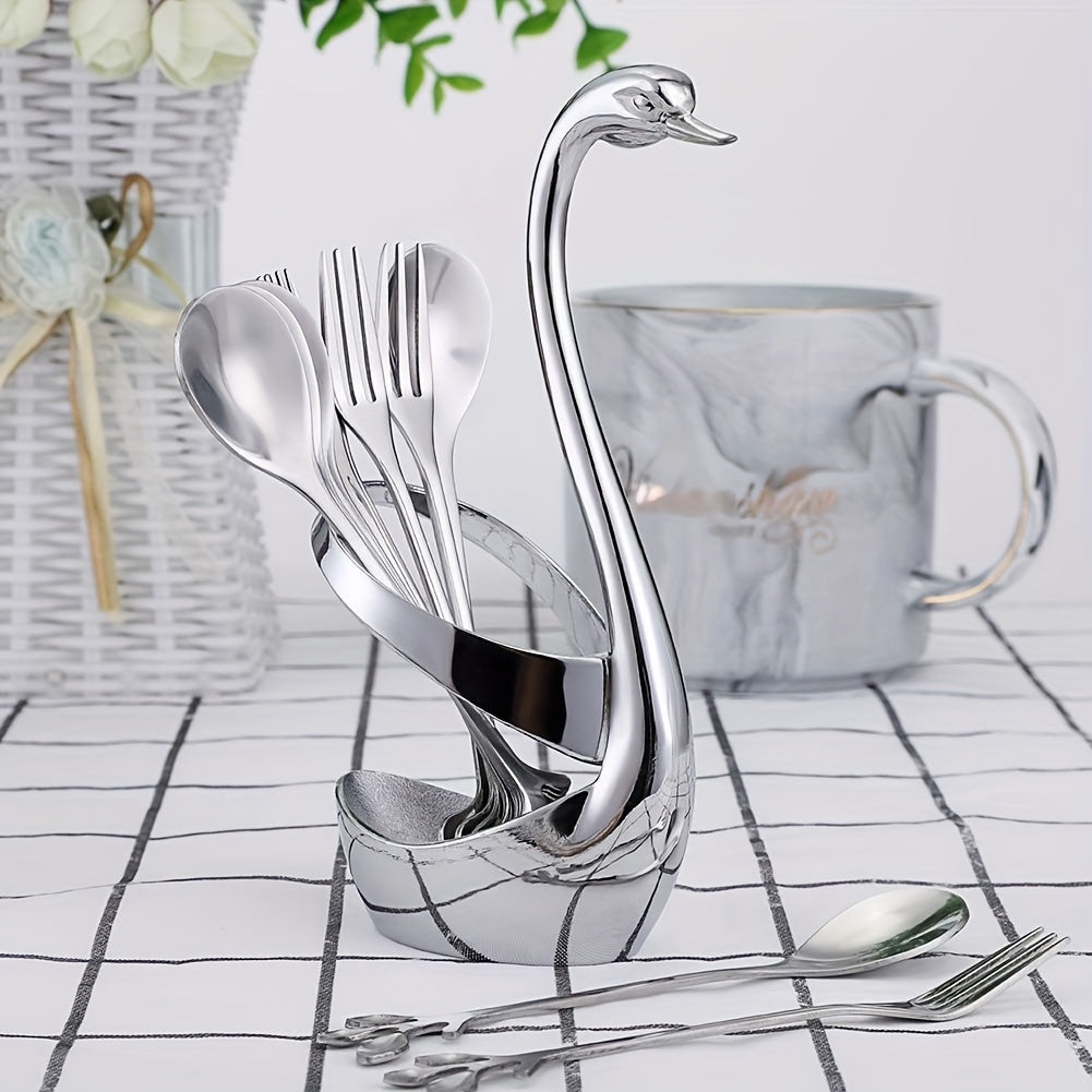 Set of 7 Coffee Spoons with Swan Base Stainless Steel Leaf Forks Mirror Finish