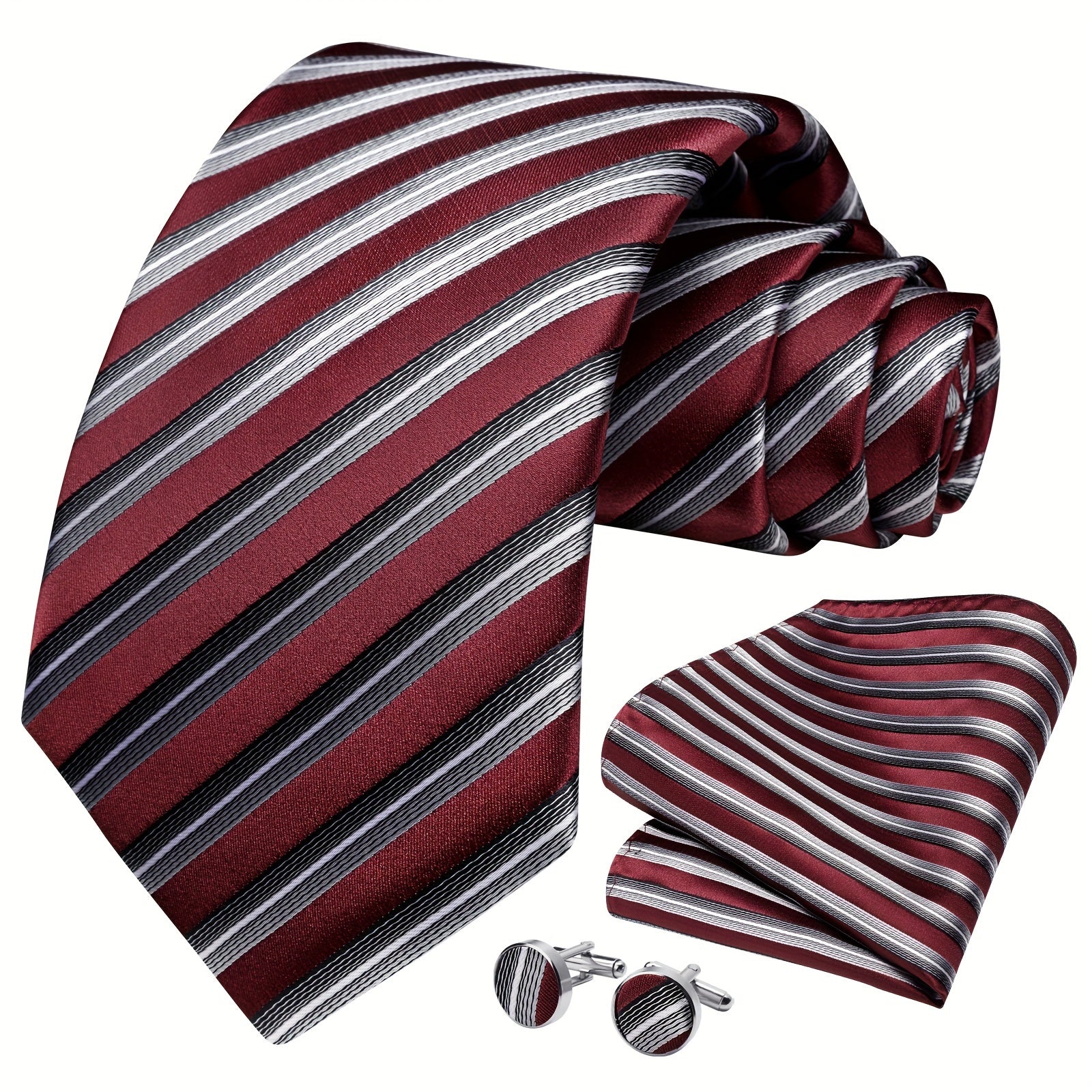 Men's Striped Necktie Cufflink Handkerchief Set for Business and Gifting