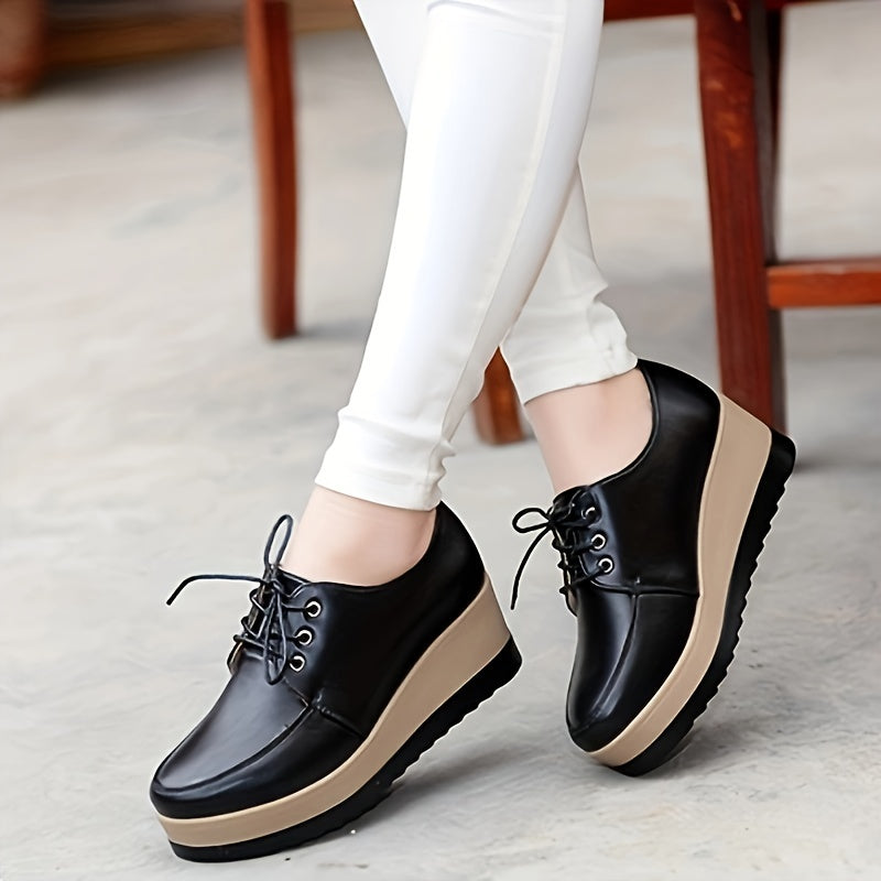 Women's Lace-Up Platform Wedge Loafers with Round Toe and Low Top