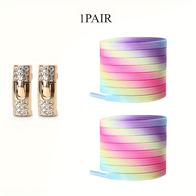 Unisex Rainbow Rhinestone Buckle Shoelaces 3 Pairs, Elastic, Fashion