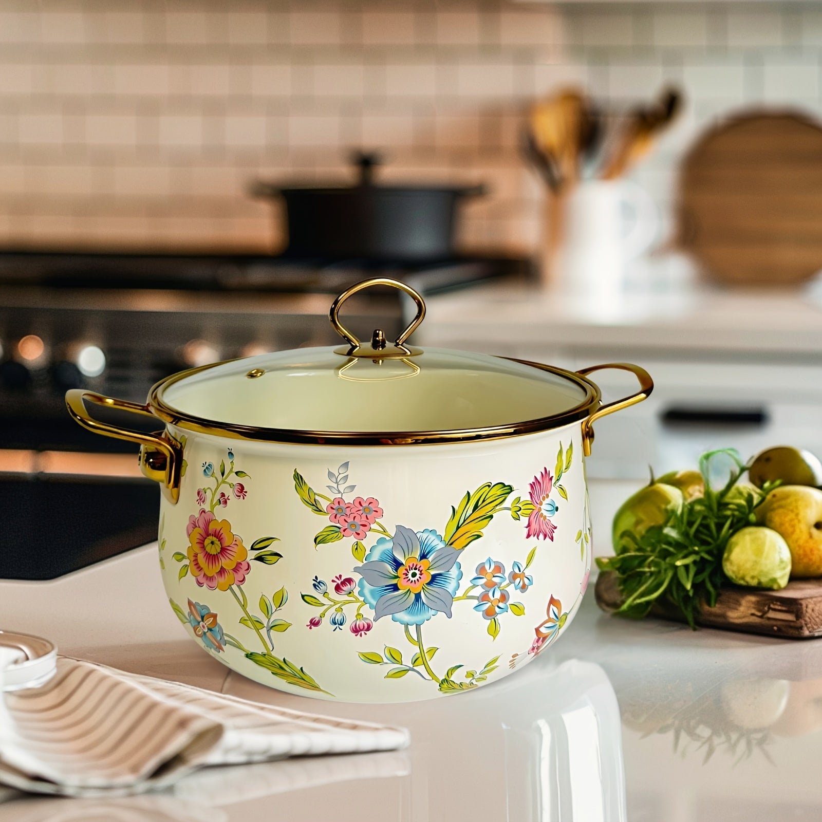 Enamel Double-Handled Soup Pot 5L Non-Stick Dishwasher Safe Floral Design