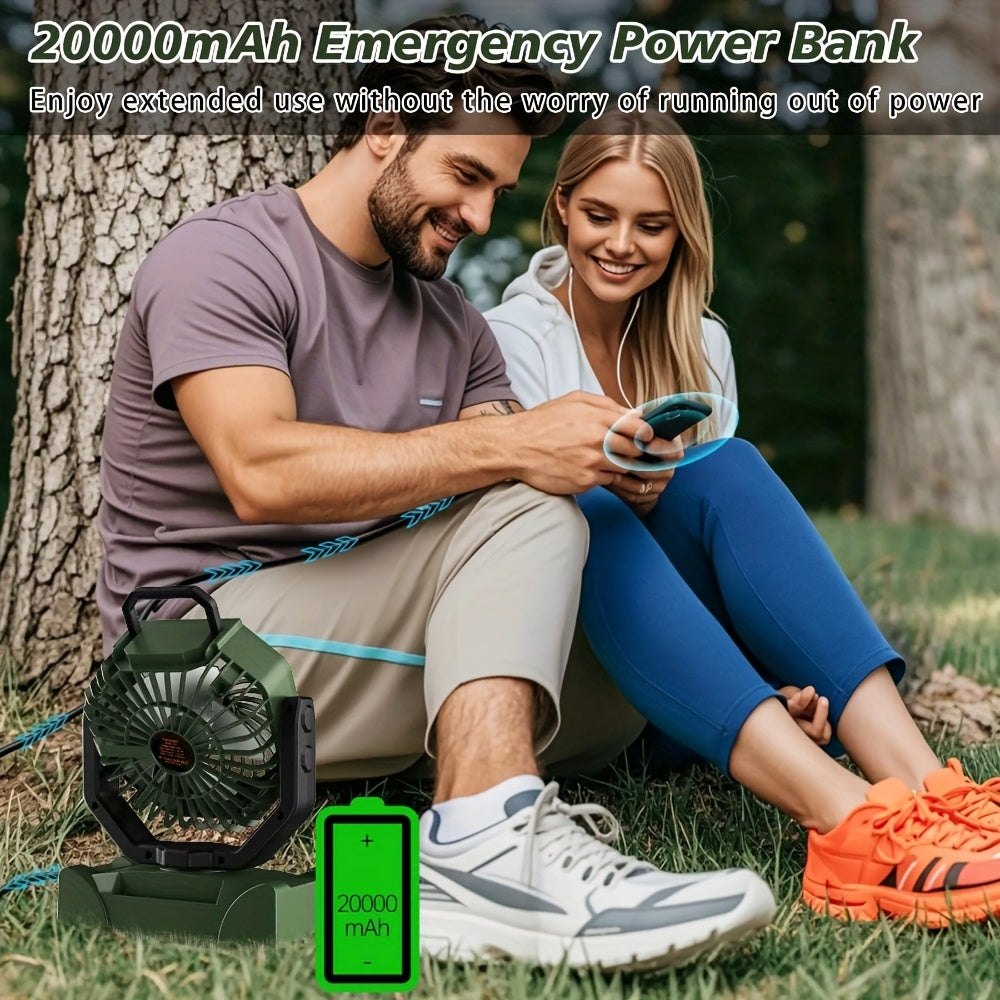 Outdoor Fan with Lights Portable Battery USB Type-C 5 Speeds for Camping Travel and Outdoor Activities