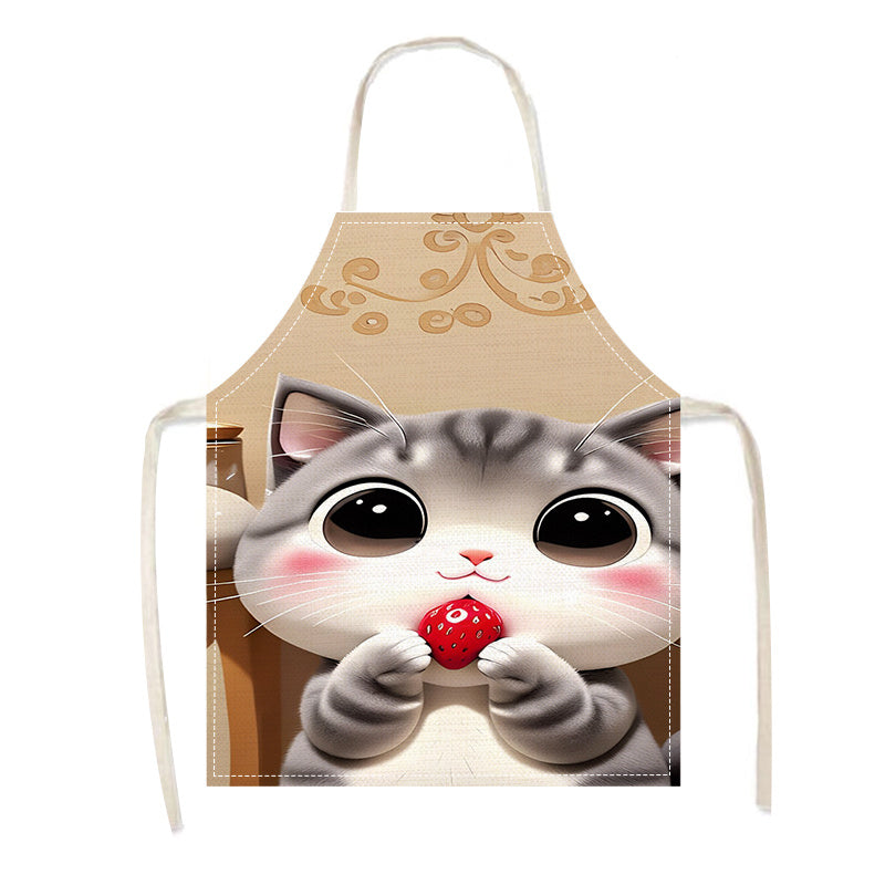 Cute Cat and Strawberry Print Linen Apron Sleeveless Lightweight for Cooking and Baking