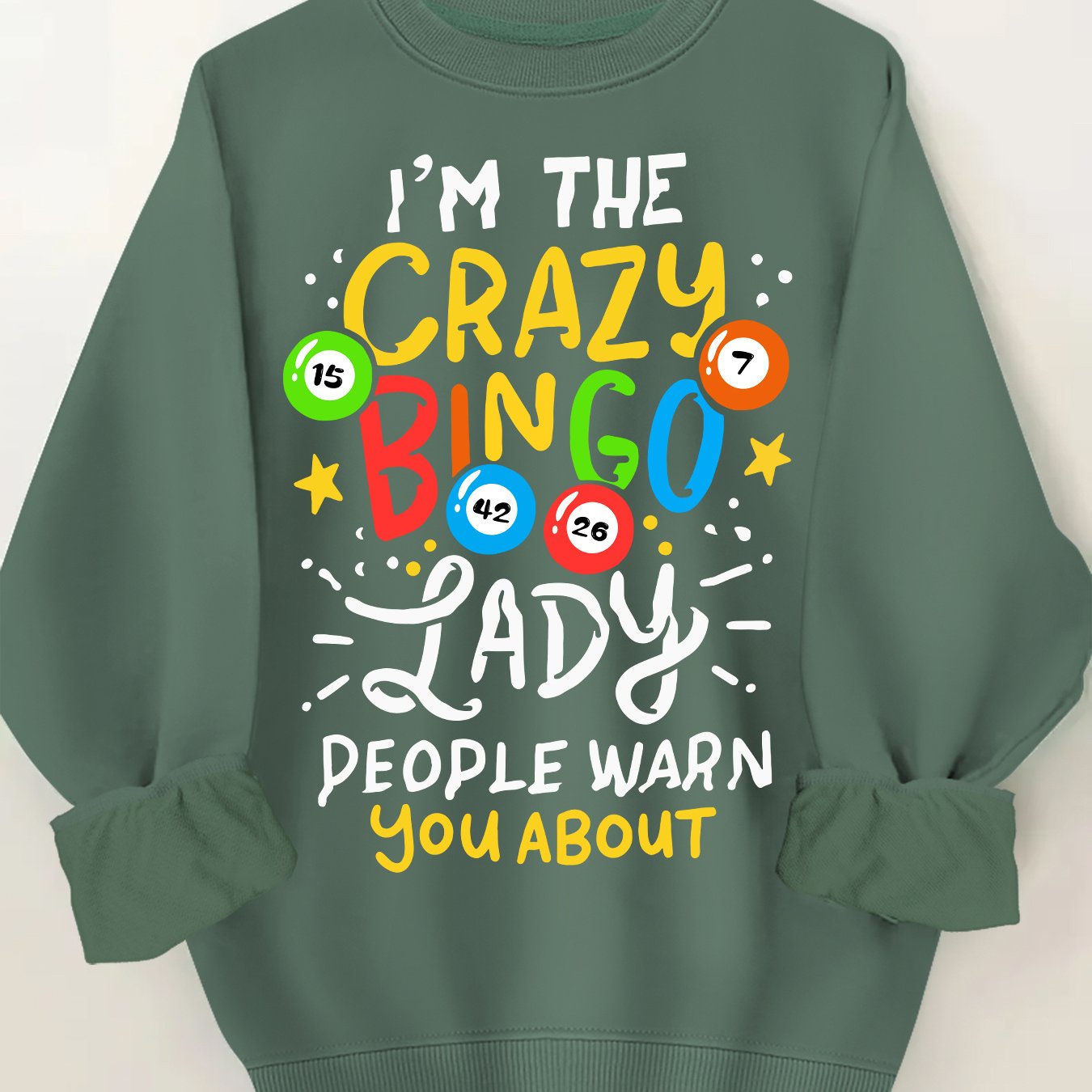 Plus Size Women's Crew Neck Sweatshirt with Crazy Bingo Lady Print Casual Long Sleeve Pullover