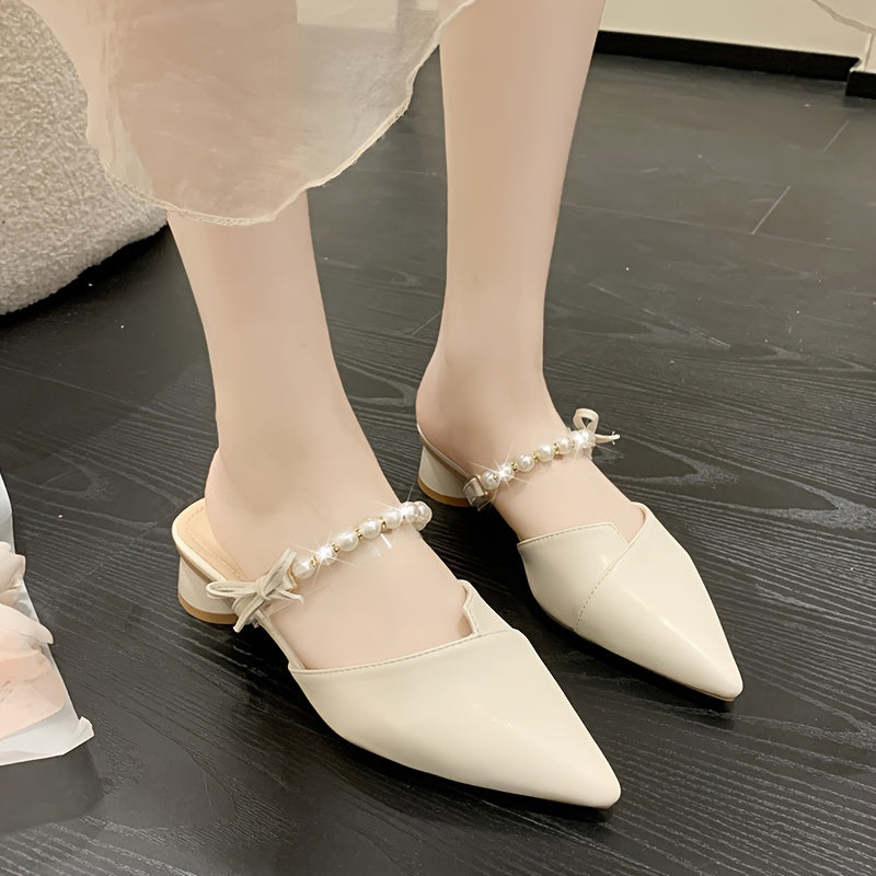 Women's Summer Mules with Faux Pearl Ankle Strap and Chunky Heel