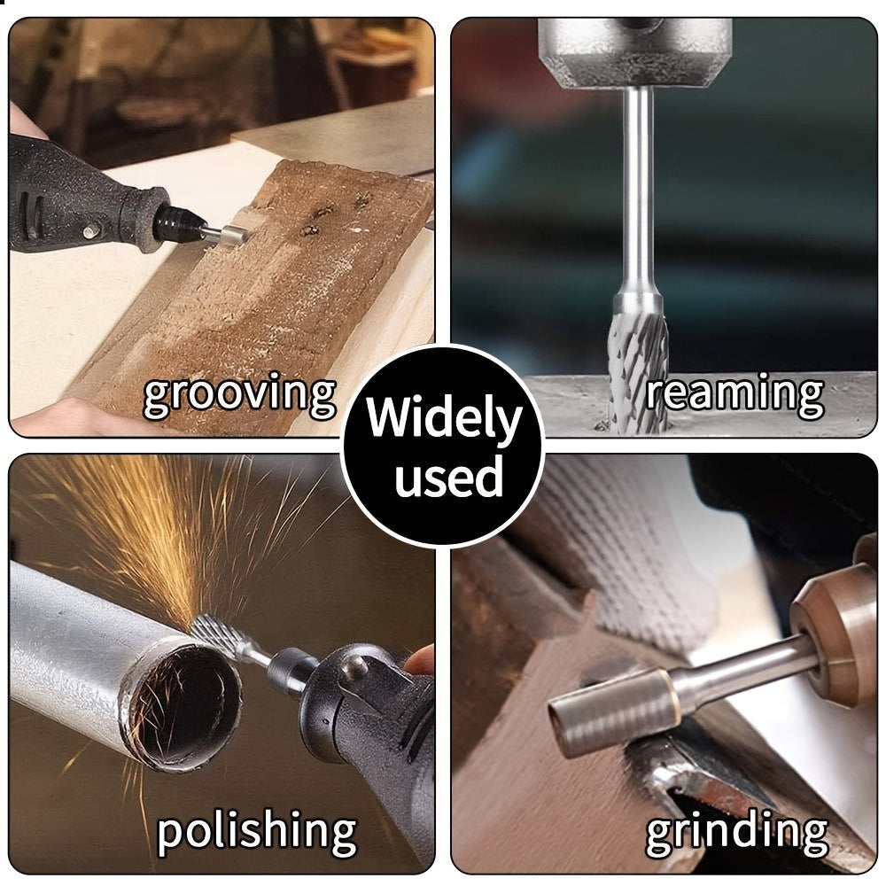 10-Piece Tungsten Carbide Rotary Burr Set 1/8 Inch Shank Double Cut for Metal Wood Plastic