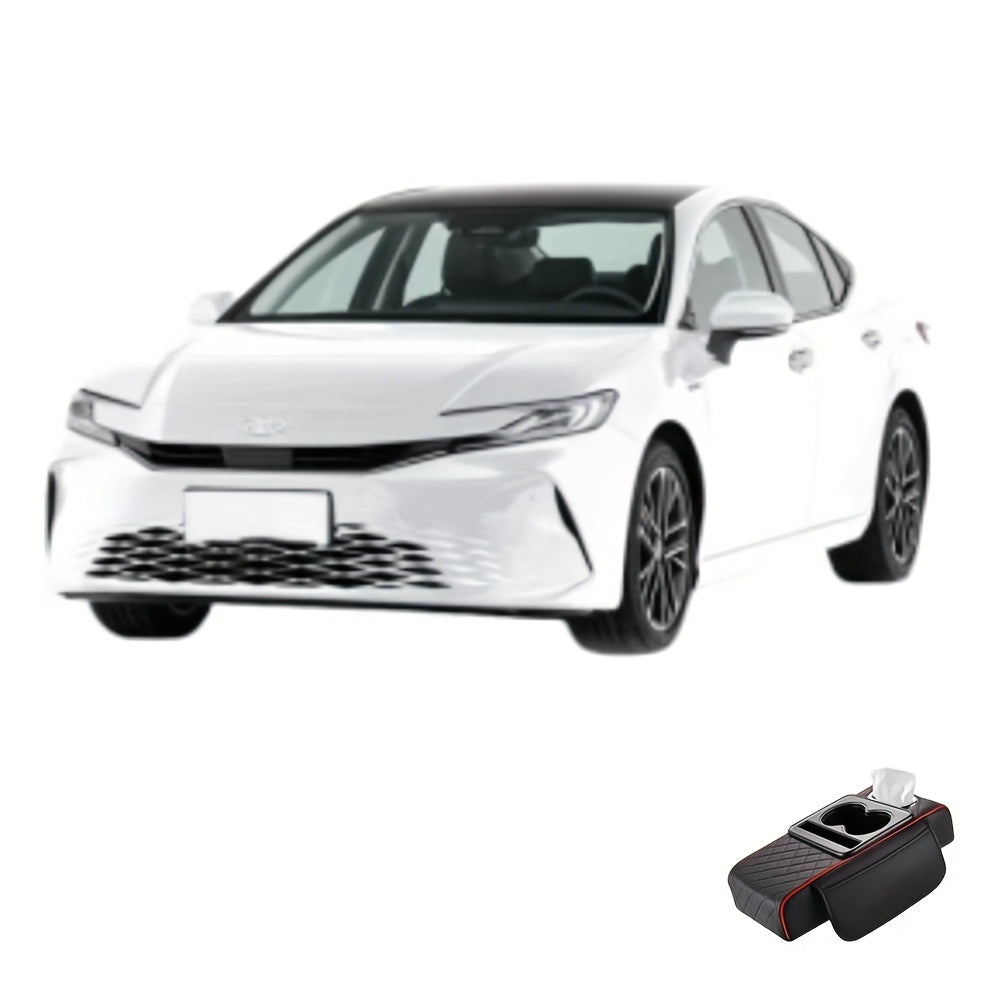 Faux Leather Car Armrest Storage Box Universal Fit All-Season Organizer for Water Cups Phones Tissues