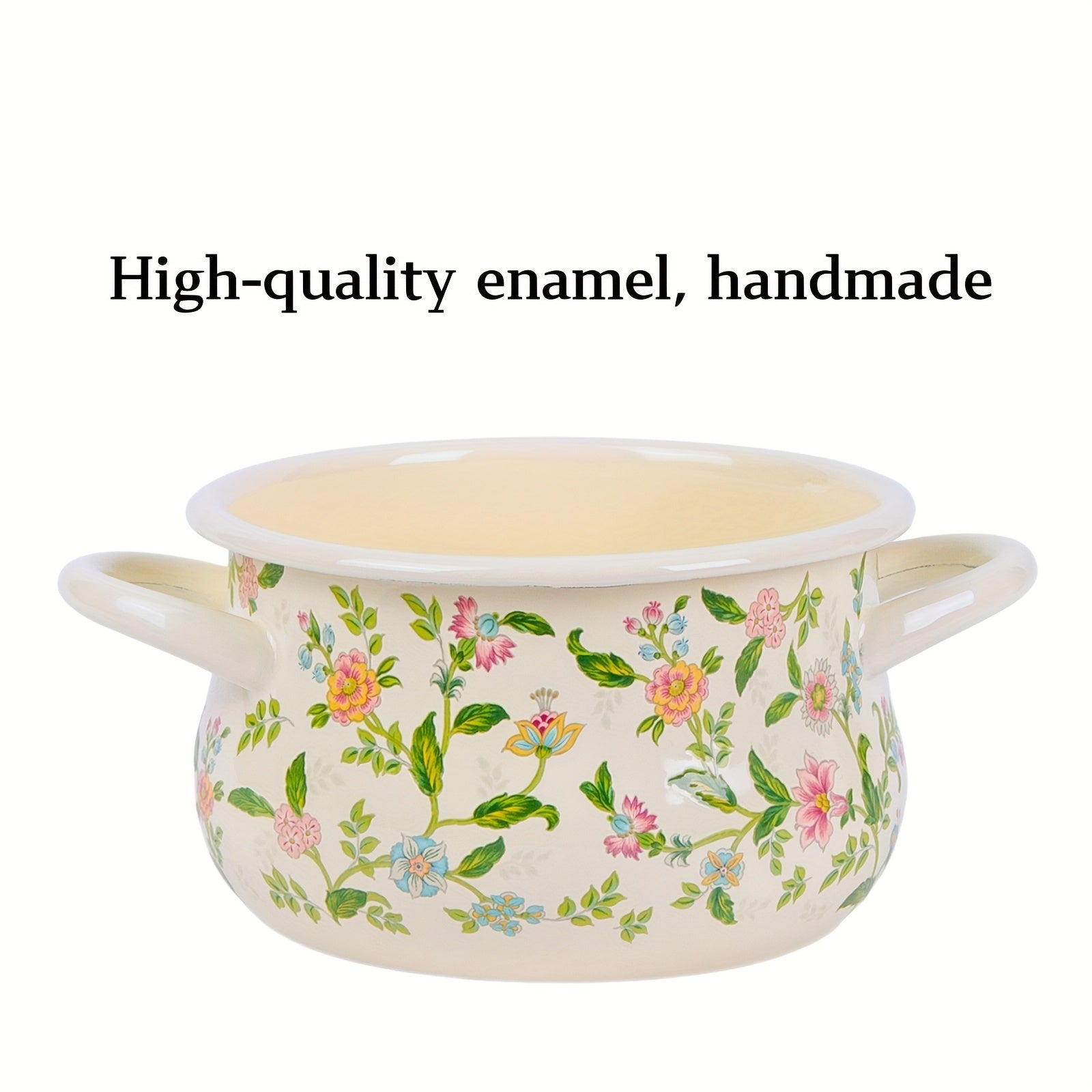 Floral Enamel Soup Pot with Rolled Edges for Open Fire and Induction Cooking