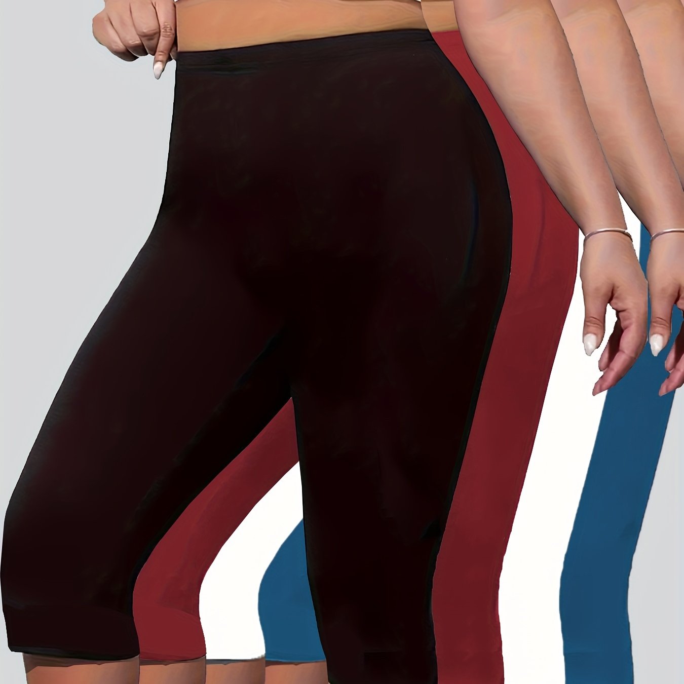 Plus Size Womens High-Waisted Capri Leggings Stretchy Solid Color Casual Bottoms