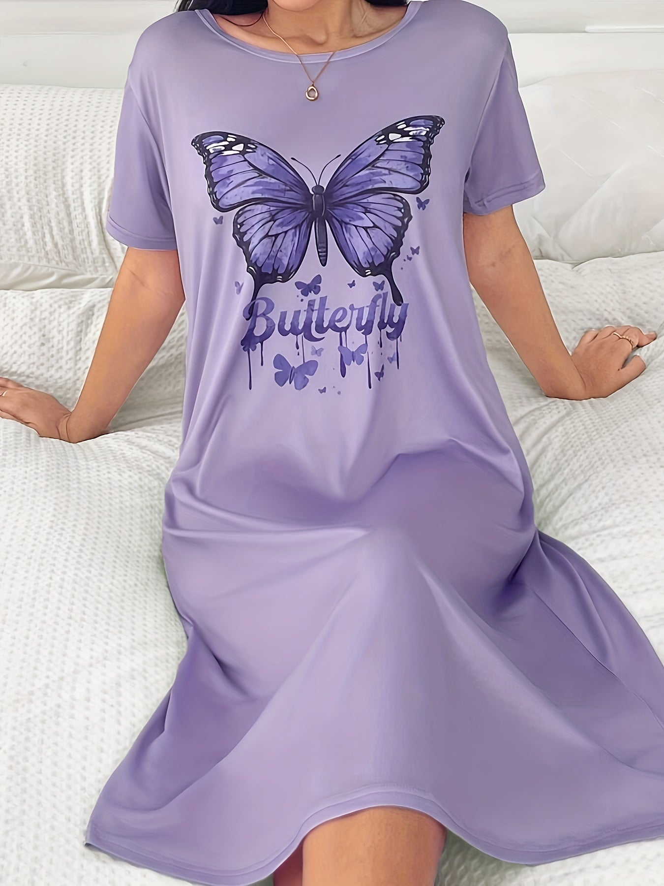 Plus Size Lavender Butterfly Print Sleep Dress Short Sleeve Lounge Nightwear