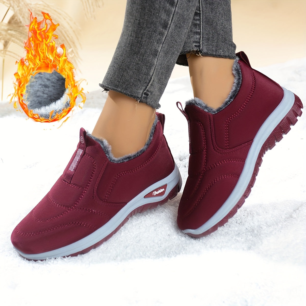 Women's Fleece-Lined Ankle Boots Black Red Slip-On Winter Outdoor