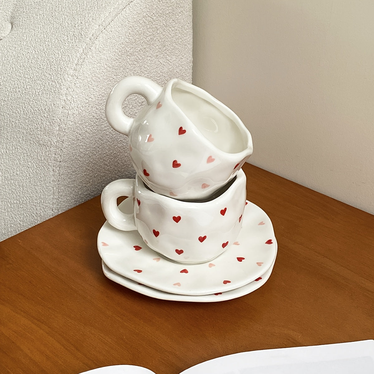 Valentine's Day Irregular Ceramic Coffee Mug and Saucer Set with Hand-Kneaded Texture