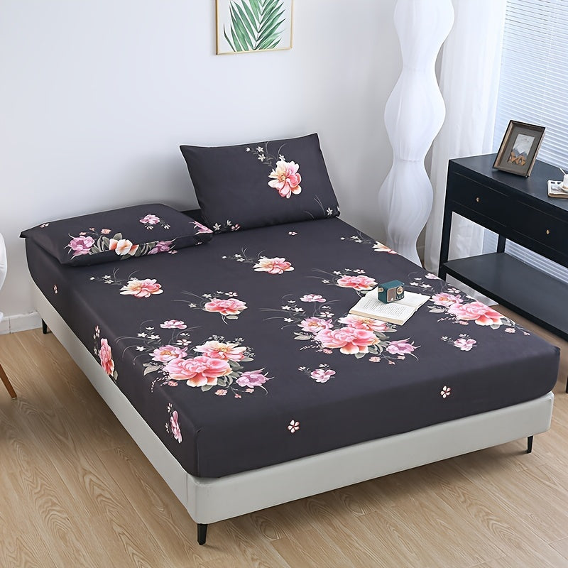 Floral Print Bedding Set with Fitted Sheet and Pillowcases for Bedroom and Guest Room