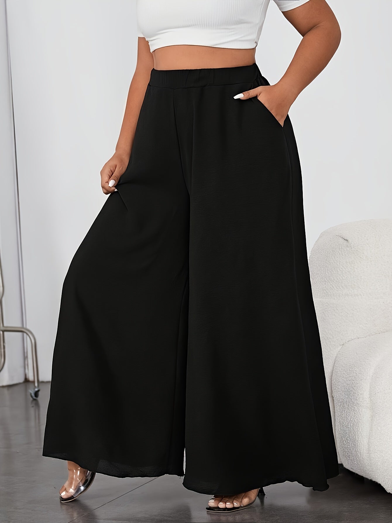 Women's Plus Size Wide Leg Pants Elastic Waist Solid Color Spring Summer