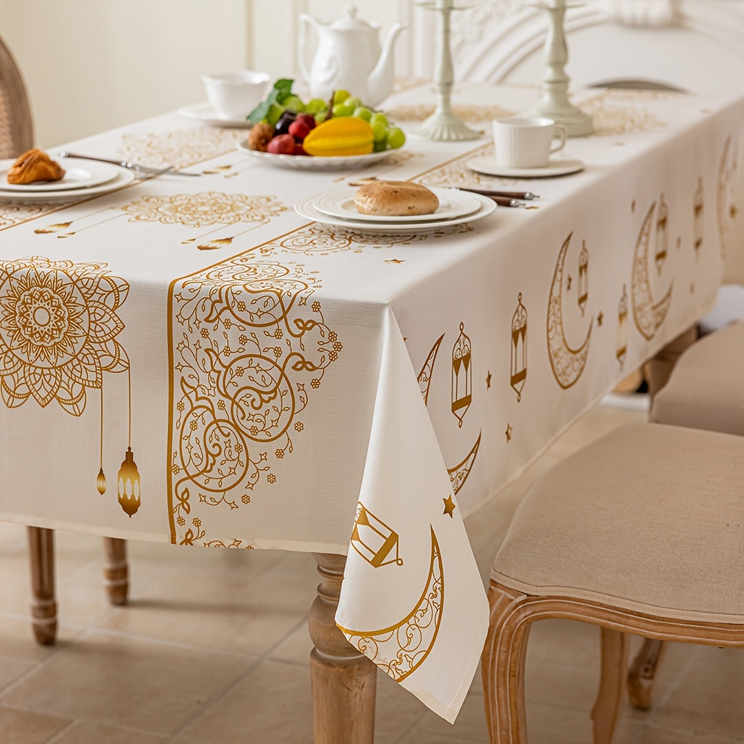 Bohemian Geometric Ramadan Eid Al-Fitr Tablecloth with Golden Moon and Star Design 100% Polyester