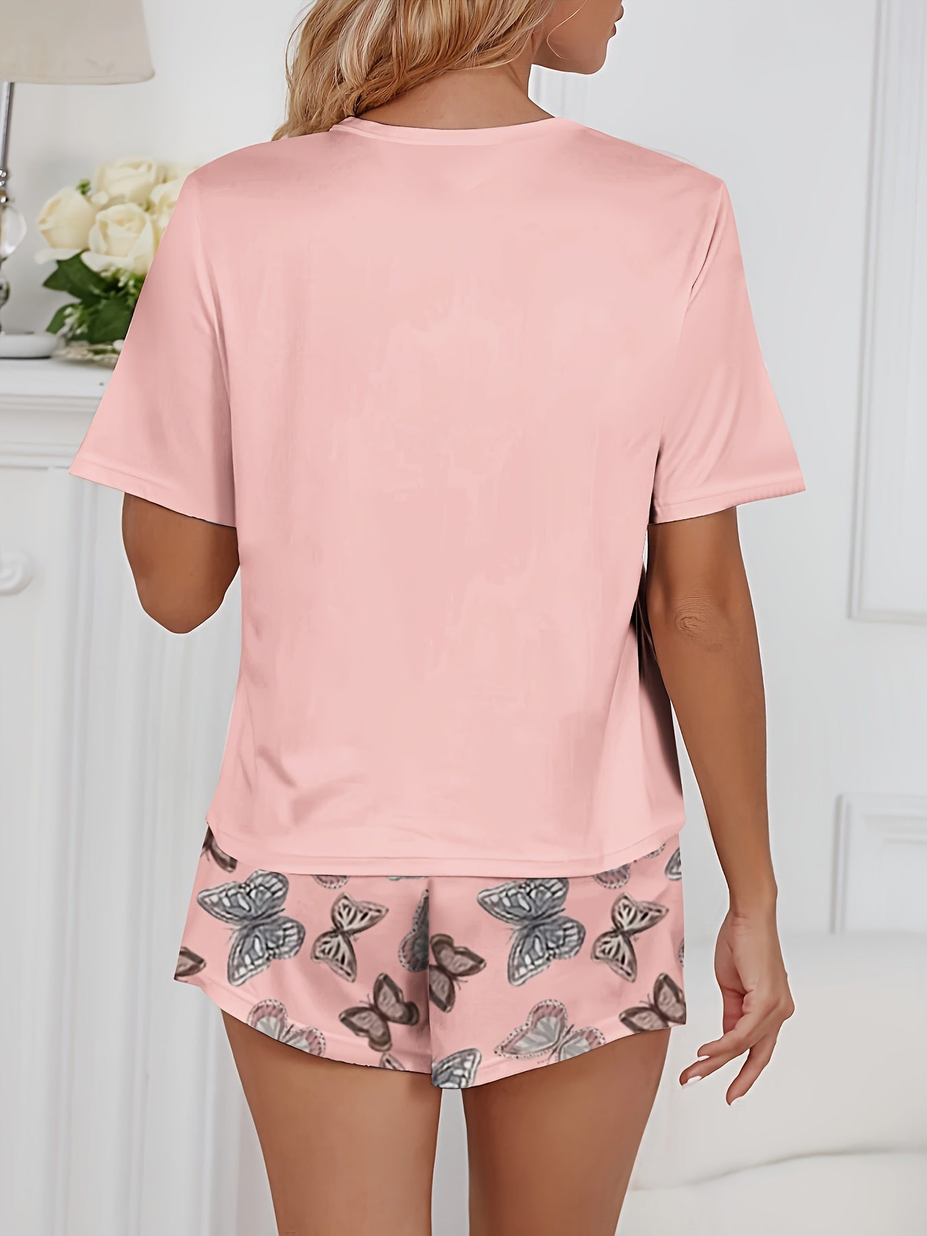 Conjunto de pijama con patrón de mariposas para mujer, camiseta de manga corta y pantalones cortos, tela de punto elástica