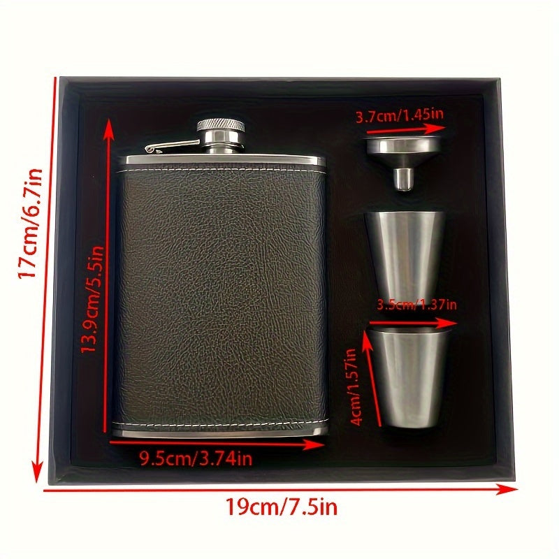 Black Leather Lychee Print Flask Gift Set 8oz Stainless Steel Leak-Proof Bottle