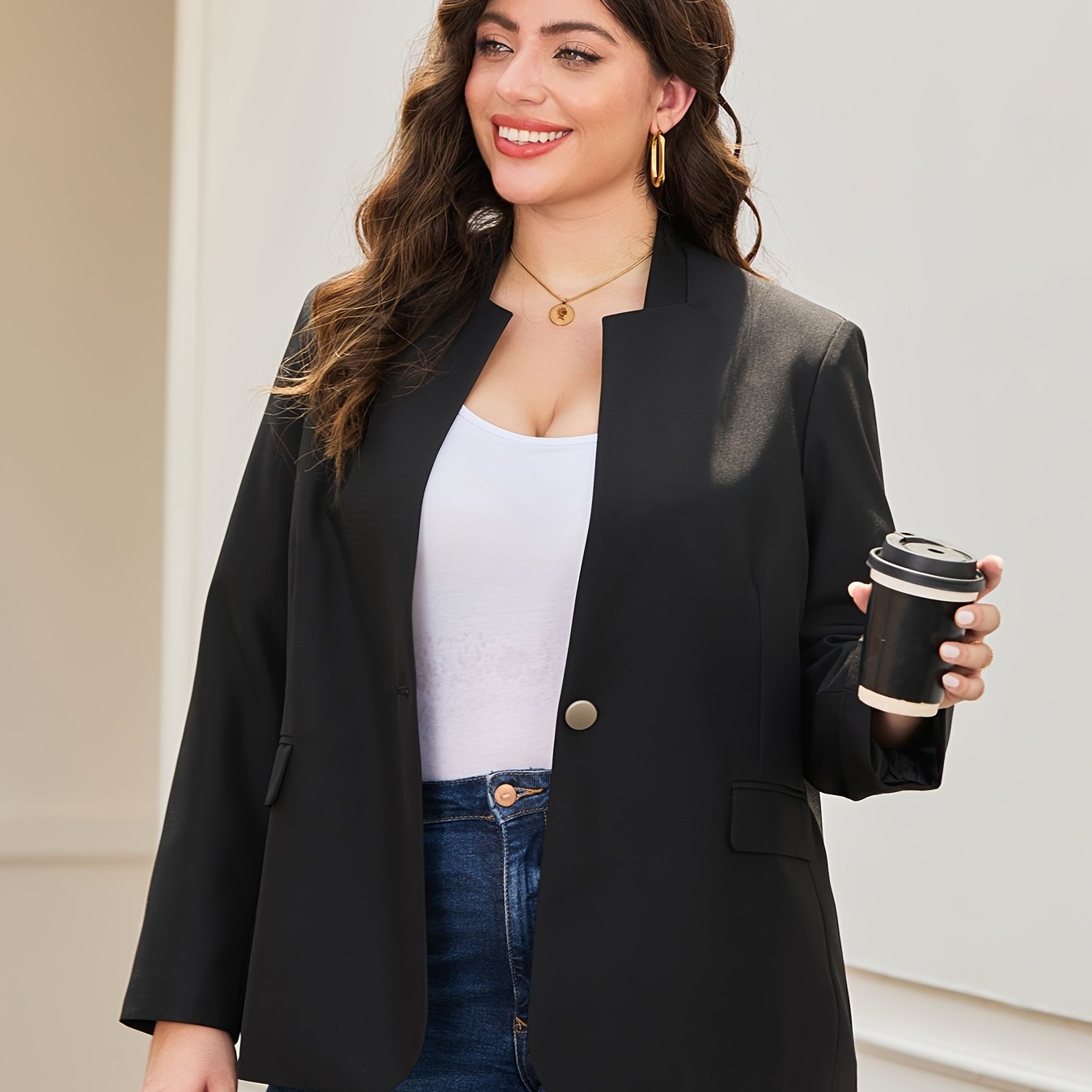 Plus Size Women's Casual Blazer Polyester Blend Deep V-Neck Office Jacket