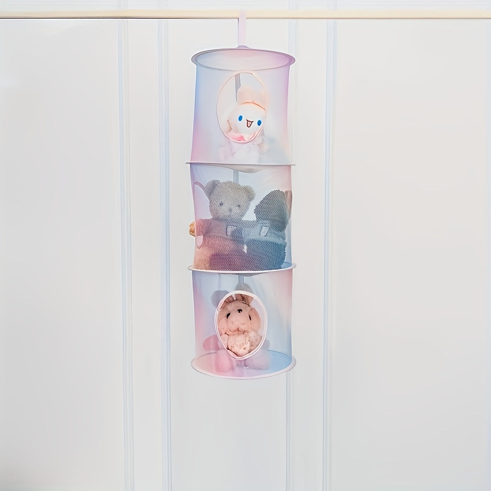 Gradient Polyester Hanging Toy Organizer 3-Tier Plush Storage Net for Stuffed Animals