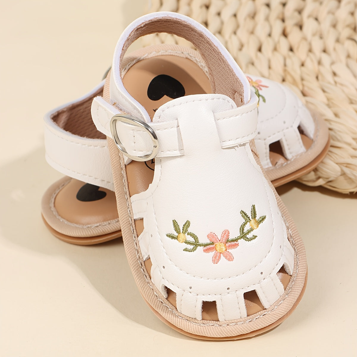 Kichkina qizlar uchun sandal open toe, gul naqshli tikilgan, yumshoq taglik, vint va halqali, kundalik yozgi kiyim uchun