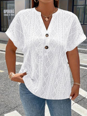 Plus o'lcham ayollar uchun kengaytirilgan V-yuqa T-shirt qisqa sleeve geometrik jacquard yozgi ko'ylak